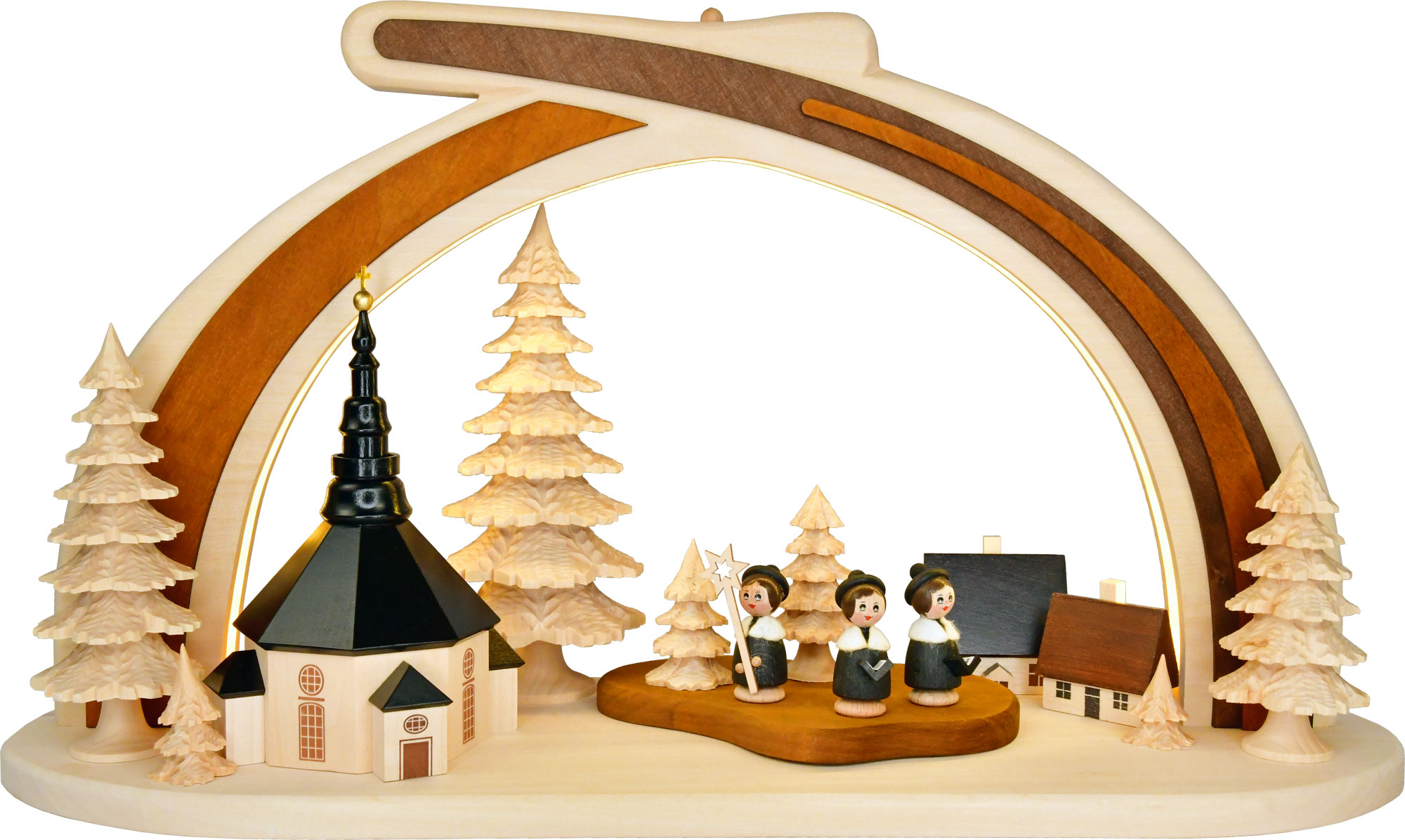 Massivholzbogen, Seiffener Kirche mit Kurrende, LED-Beleuchtung, Halb-USB Massivholzbogen, Seiffener Kirche mit Kurrende, LED-Beleuchtung, Halb-USB