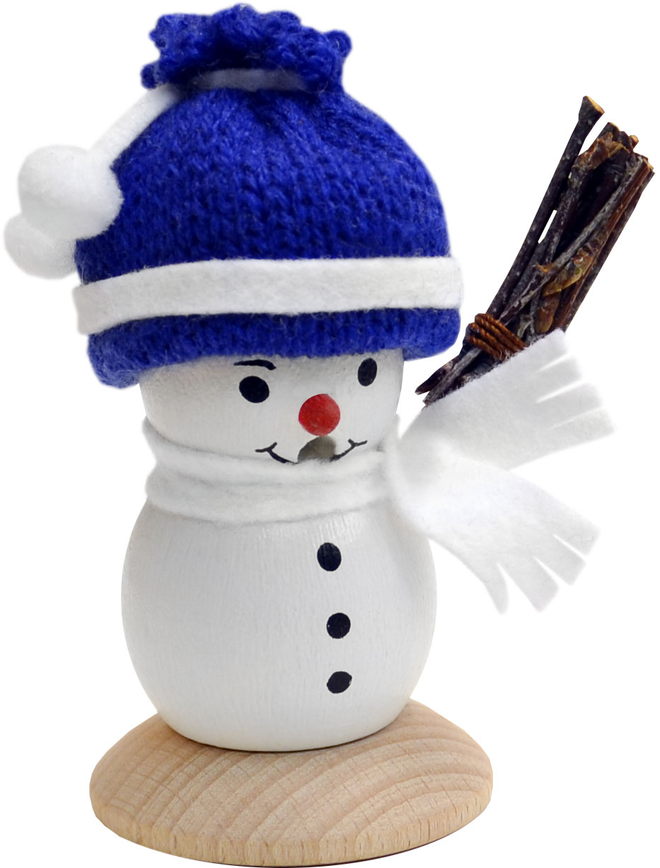 Miniräuchermann, Schneemann mit Besen blaue Mütze