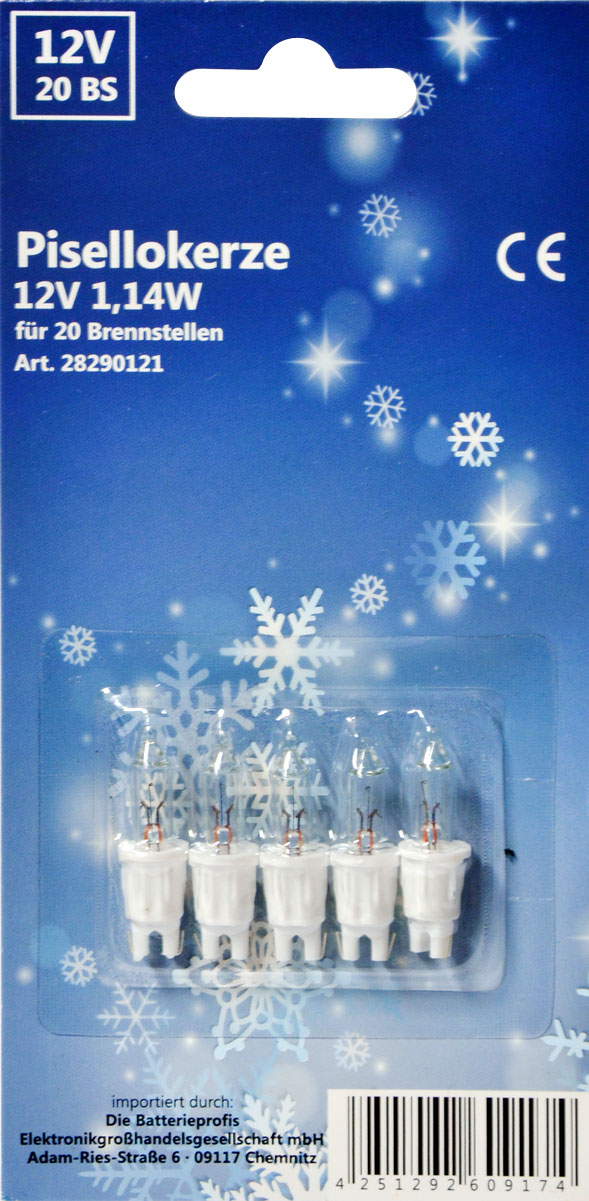 Ersatzglühlämpchen 5 St. f. 20er Kette 12 V, 1,14 W Ersatzglühlämpchen 5 St. f. 20er Kette 12 V, 1,14 W