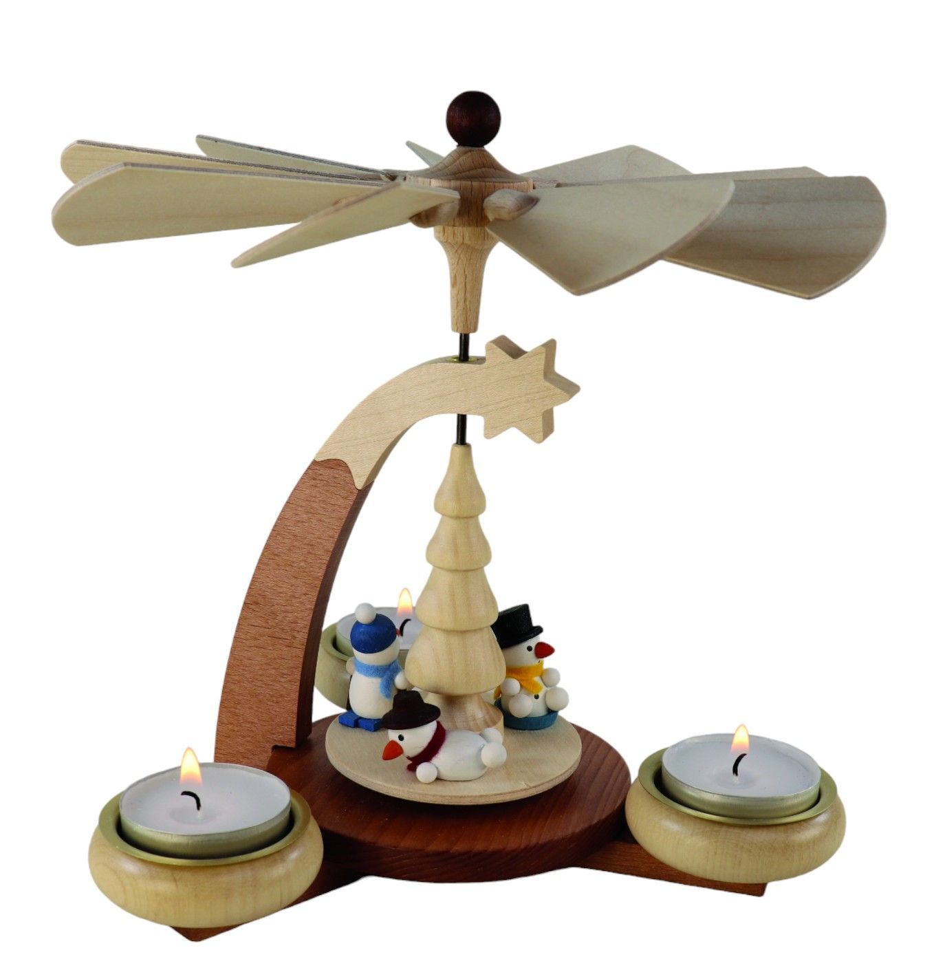 Design-Teelichtpyramide hellbraun/natur Schneemänner für 3 Teelichte, Höhe 19 cm