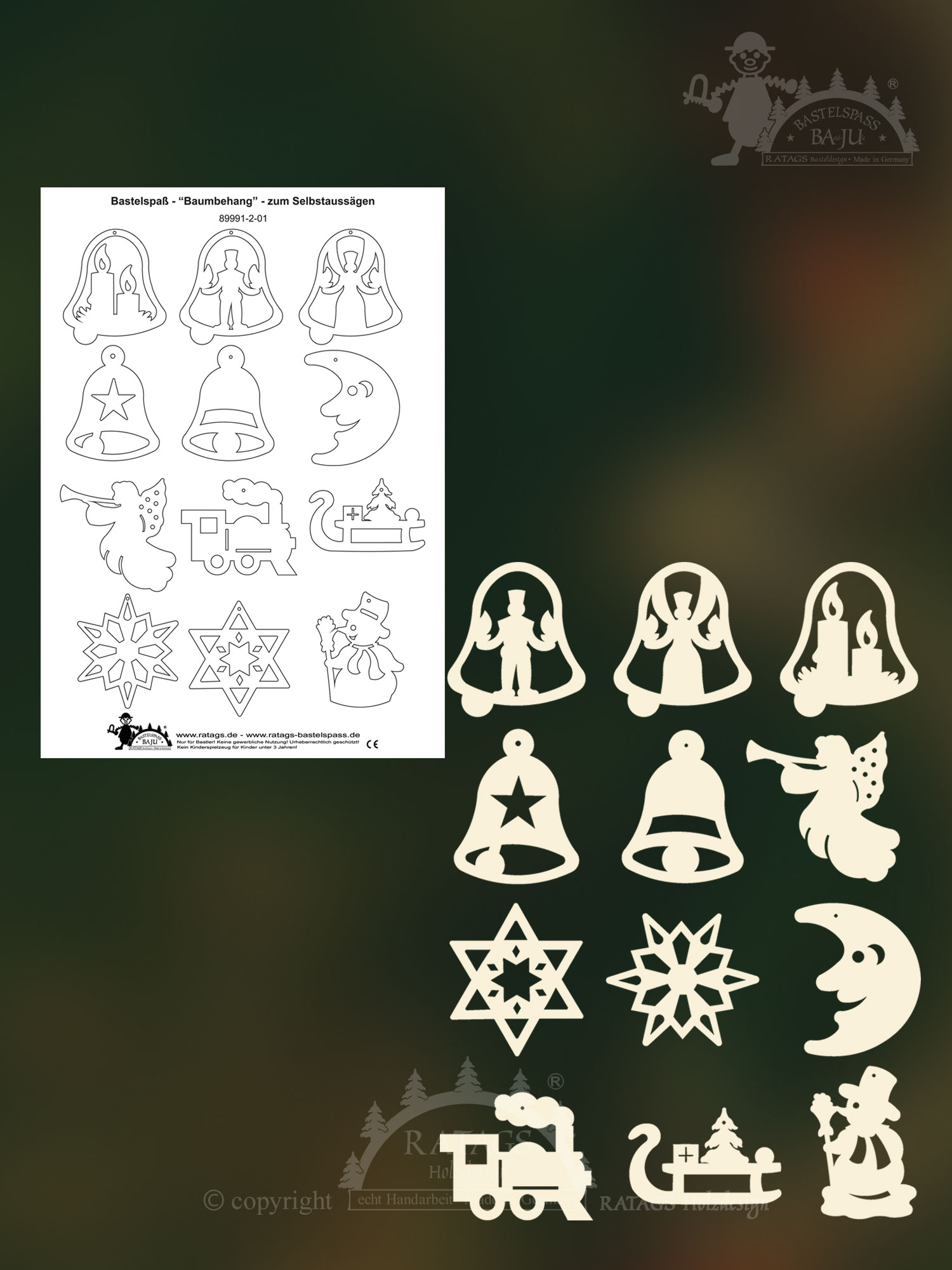 Baumbehang zum Basteln, 6er Set, Weihnachtsmotive, zum Aussägen Baumbehang zum Basteln, 6er Set, Weihnachtsmotive, zum Aussägen