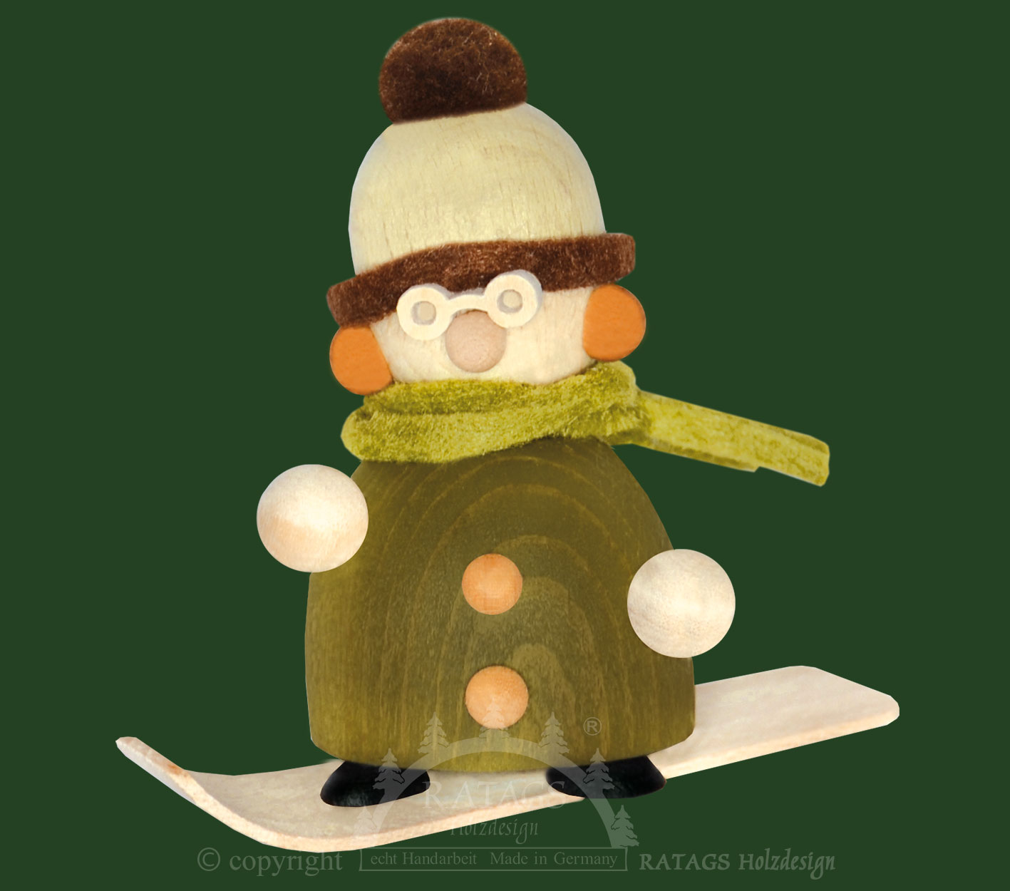 Molli auf Snowboard, mit Brille, grün/br Molli auf Snowboard, mit Brille, grün/br