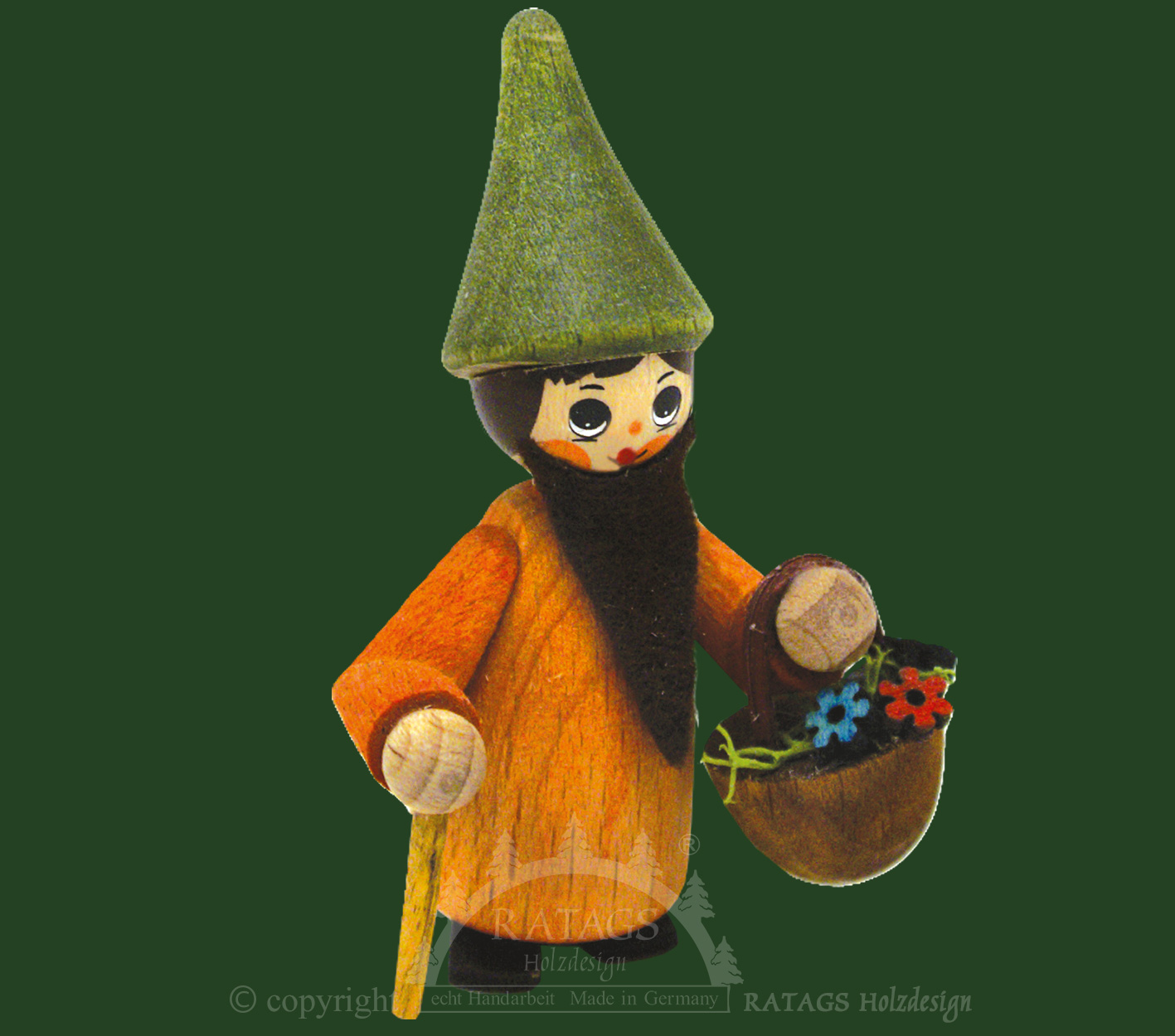 Figur,  Zwerg mit Stock, Handkorb mit Blüten