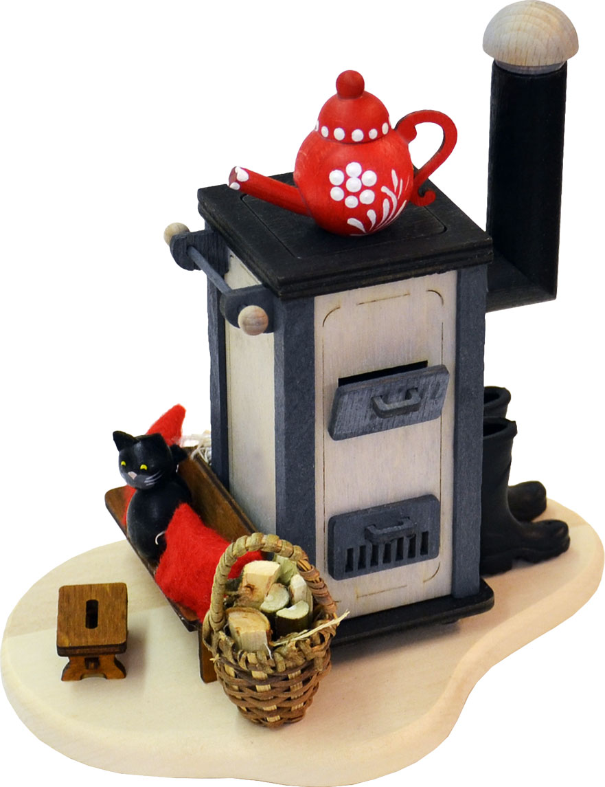 Räucherhaus, Küchenofen rote Kaffeekanne, Katze auf Ofenbank Räucherhaus, Küchenofen rote Kaffeekanne, Katze auf Ofenbank
