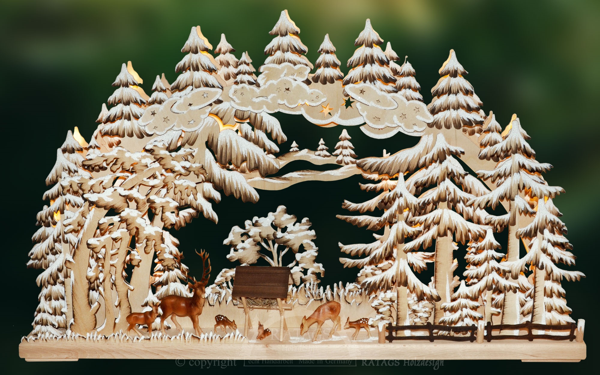 3D-Schwibbogen gr., Rehe im Wald, Var. 3, handbemalt, braun, Raureif 3D-Schwibbogen gr., Rehe im Wald, Var. 3, handbemalt, braun, Raureif