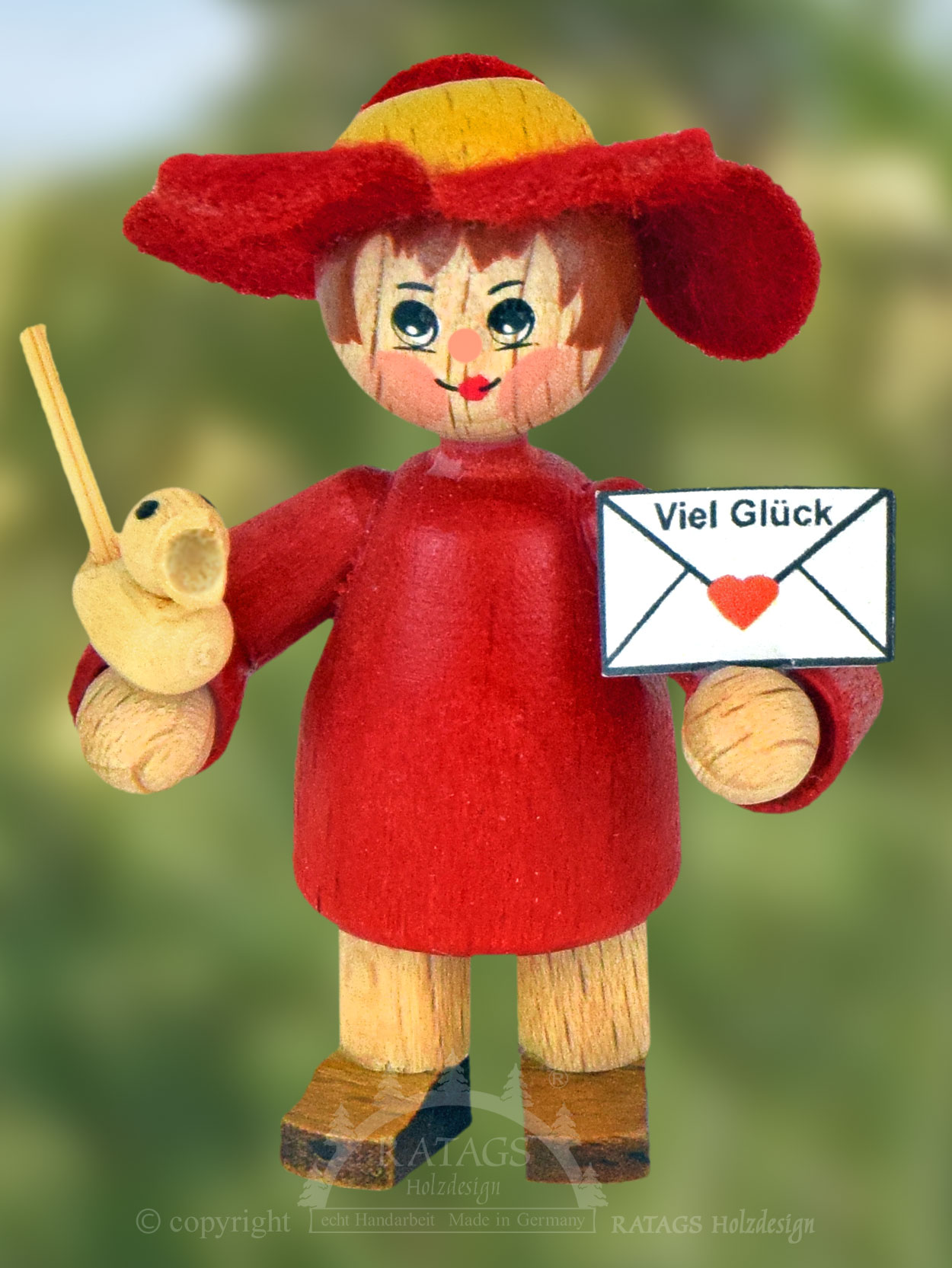 Figur, Glückskind, Mädchen, Vögelchen, rot Figur, Glückskind, Mädchen, Vögelchen, rot