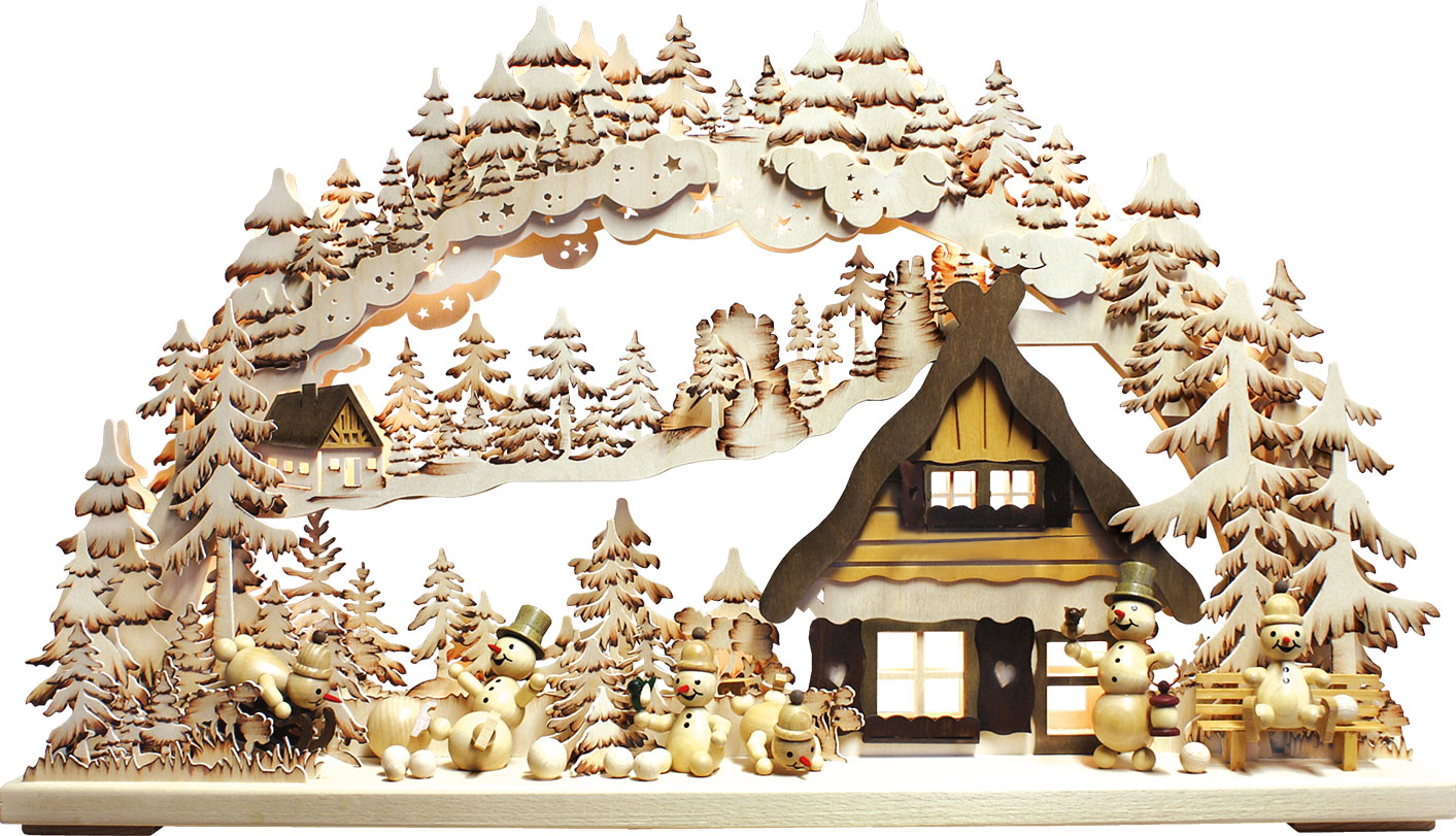 3D-Schwibbogen gr., Schneemannparadies, handbemalt, braun 3D-Schwibbogen gr., Schneemannparadies, handbemalt, braun