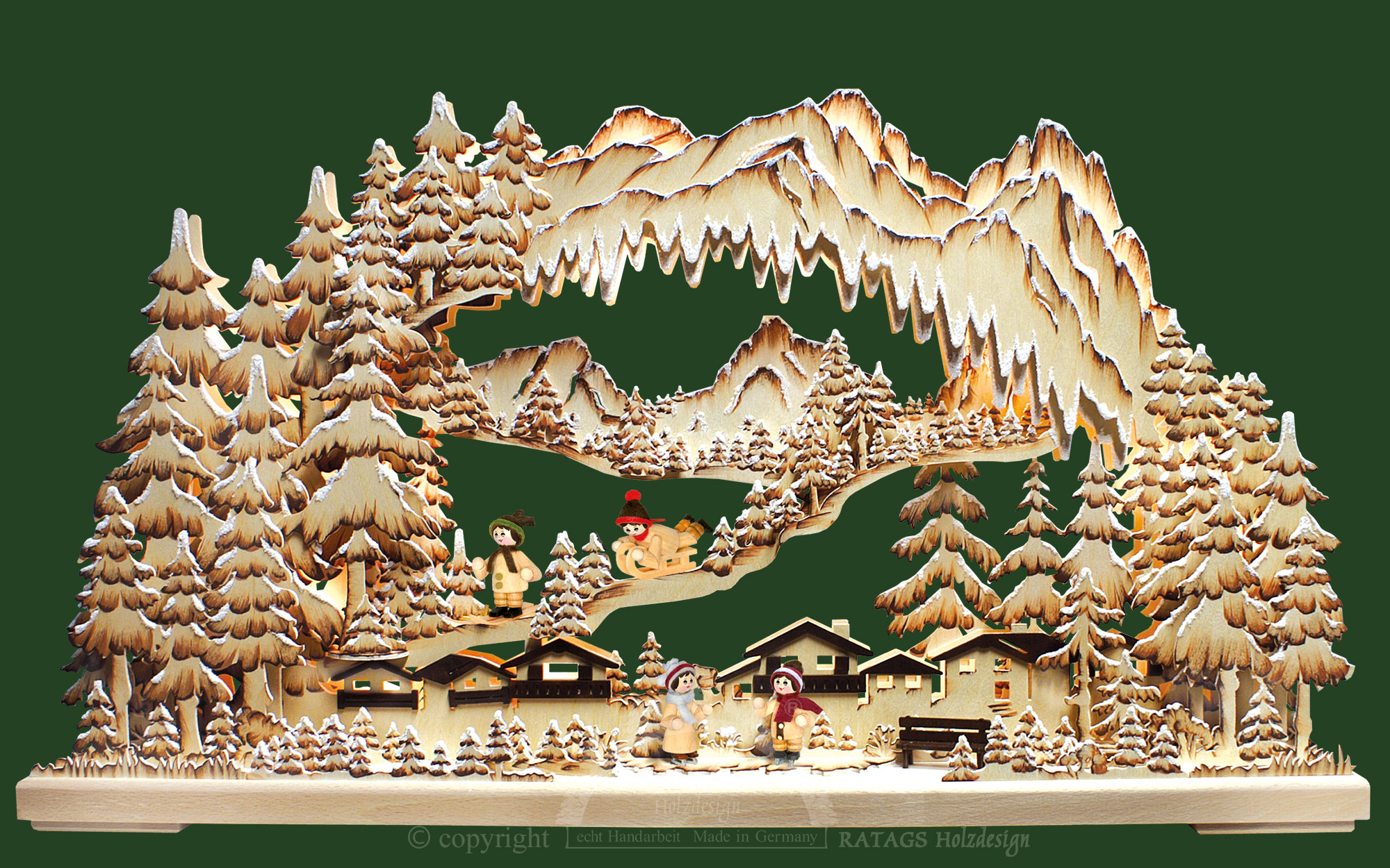 3D-Schwibbogen groß, Wintersport, handbemalt, braun, Raureif 3D-Schwibbogen groß, Wintersport, handbemalt, braun, Raureif