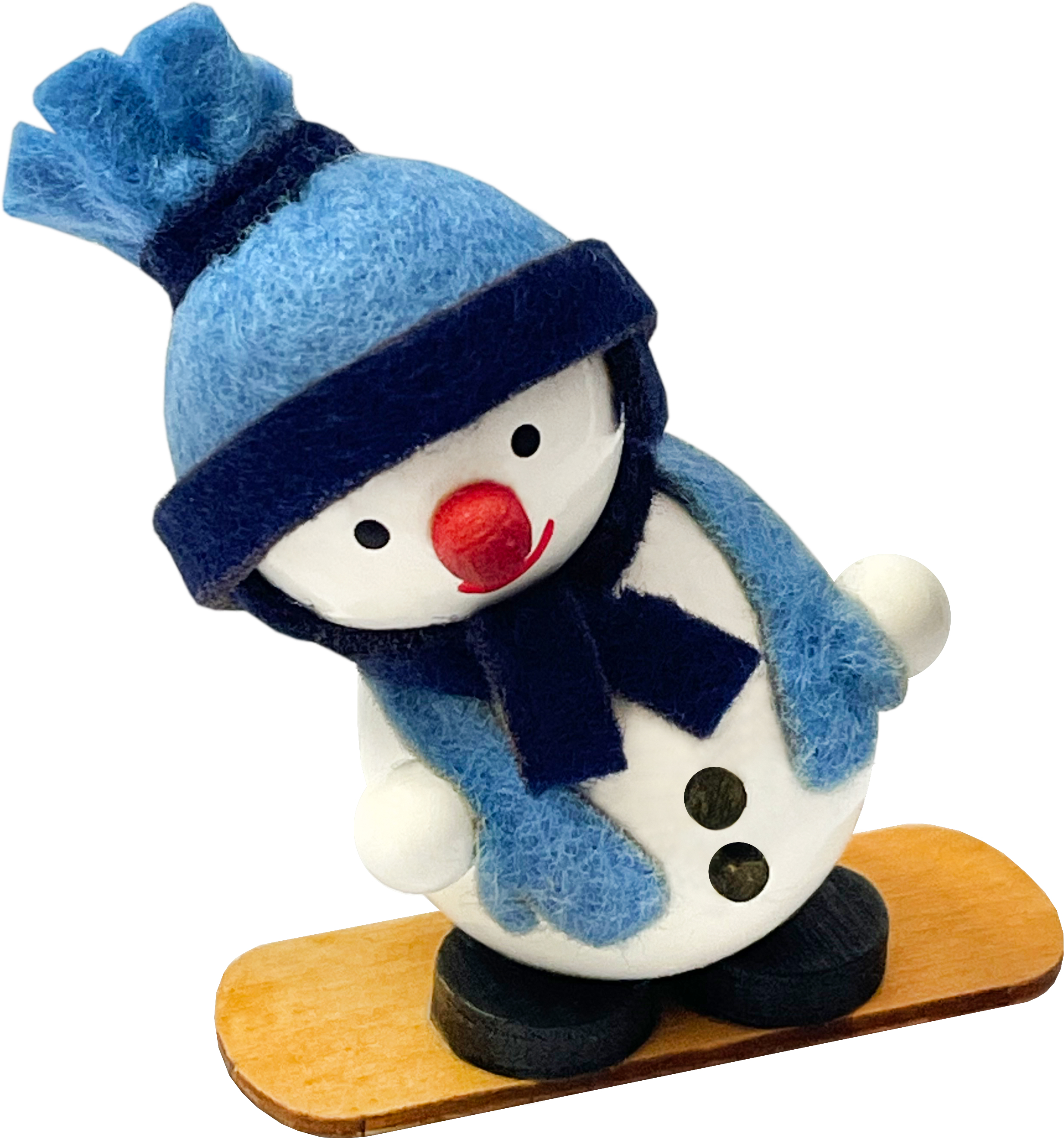 Schneemann auf Snowboard, blaue Mütze, bemaltes Gesicht