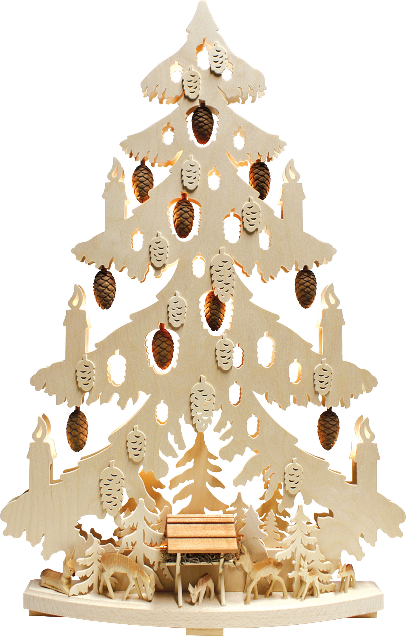 Tanne groß, Futterstelle, geschnitzte Rehe, geschnitzte Zapfen Tanne groß, Futterstelle, geschnitzte Rehe, geschnitzte Zapfen