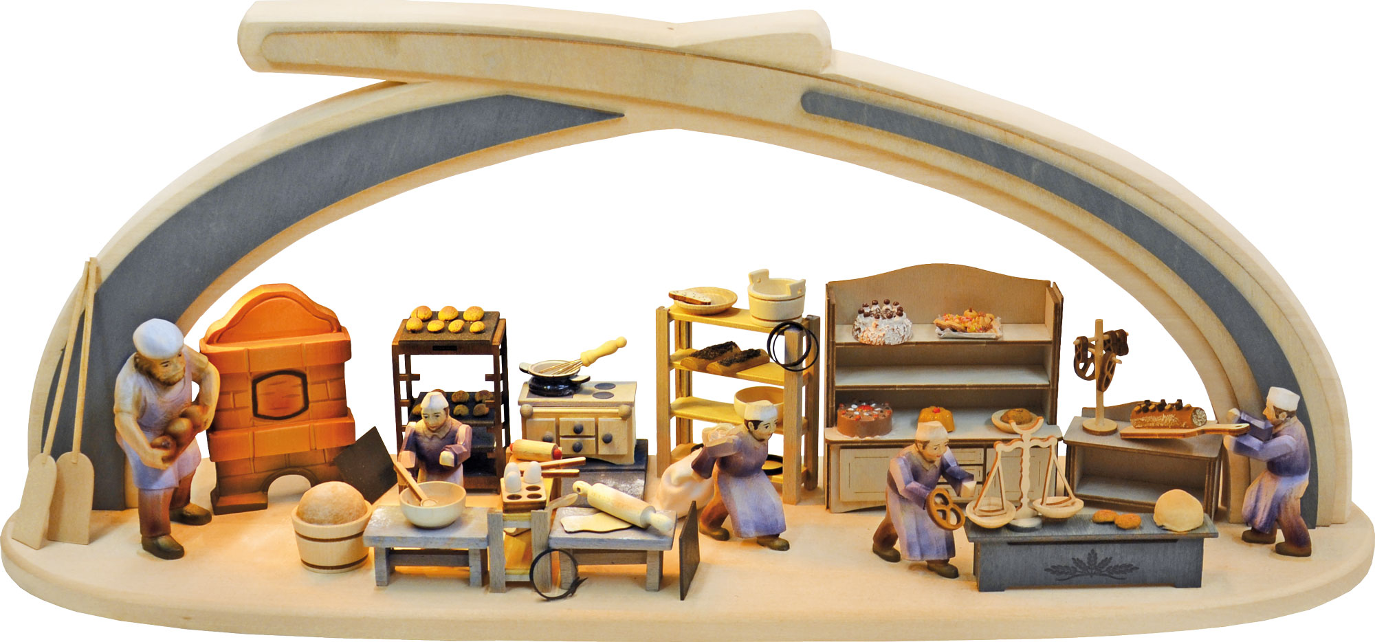 Massivholzbogen, Bäckerei, geschnitzte Figuren, mit LED-Beleuchtung Massivholzbogen, Bäckerei, geschnitzte Figuren, mit LED-Beleuchtung