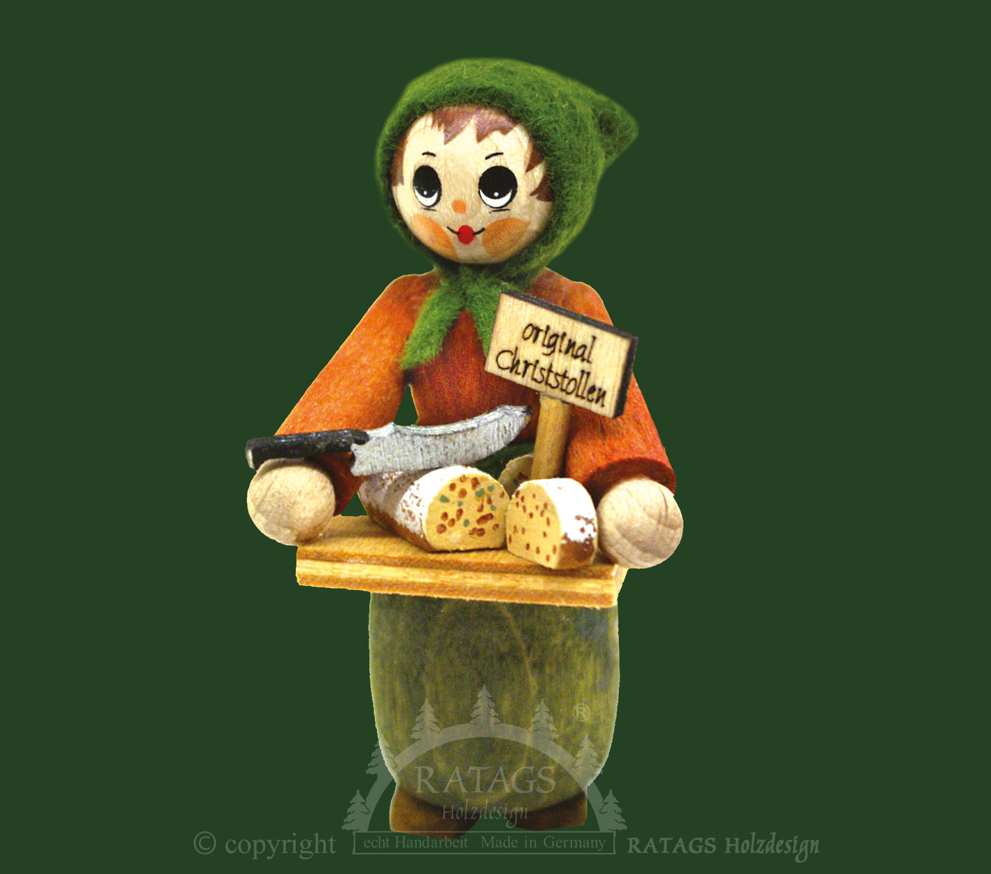 Figur, Stollenfrau, orange, baumgrün Figur, Stollenfrau, orange, baumgrün