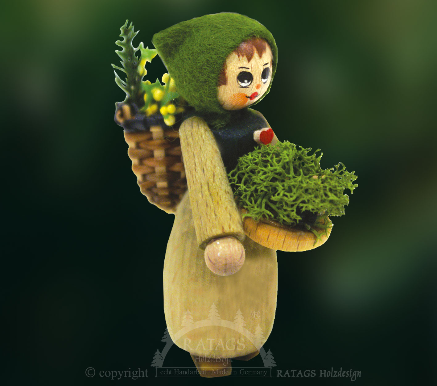 Figur, Moosfrau mit Schale und Huckkorb, farbig Figur, Moosfrau mit Schale und Huckkorb, farbig