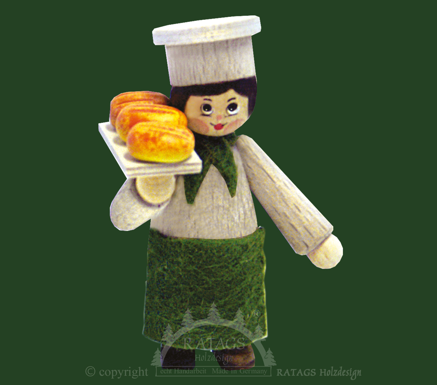 Figur, Bäcker mit Brot auf Brett, weiß gebeizt Figur, Bäcker mit Brot auf Brett, weiß gebeizt