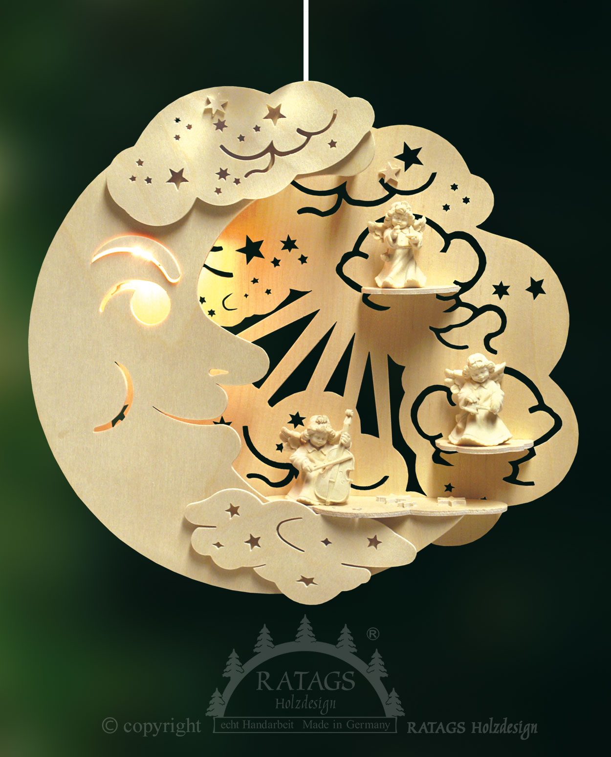 Fensterbild, beleuchtet, Mond, Wolke, Himmelsmusikanten Fensterbild, beleuchtet, Mond, Wolke, Himmelsmusikanten