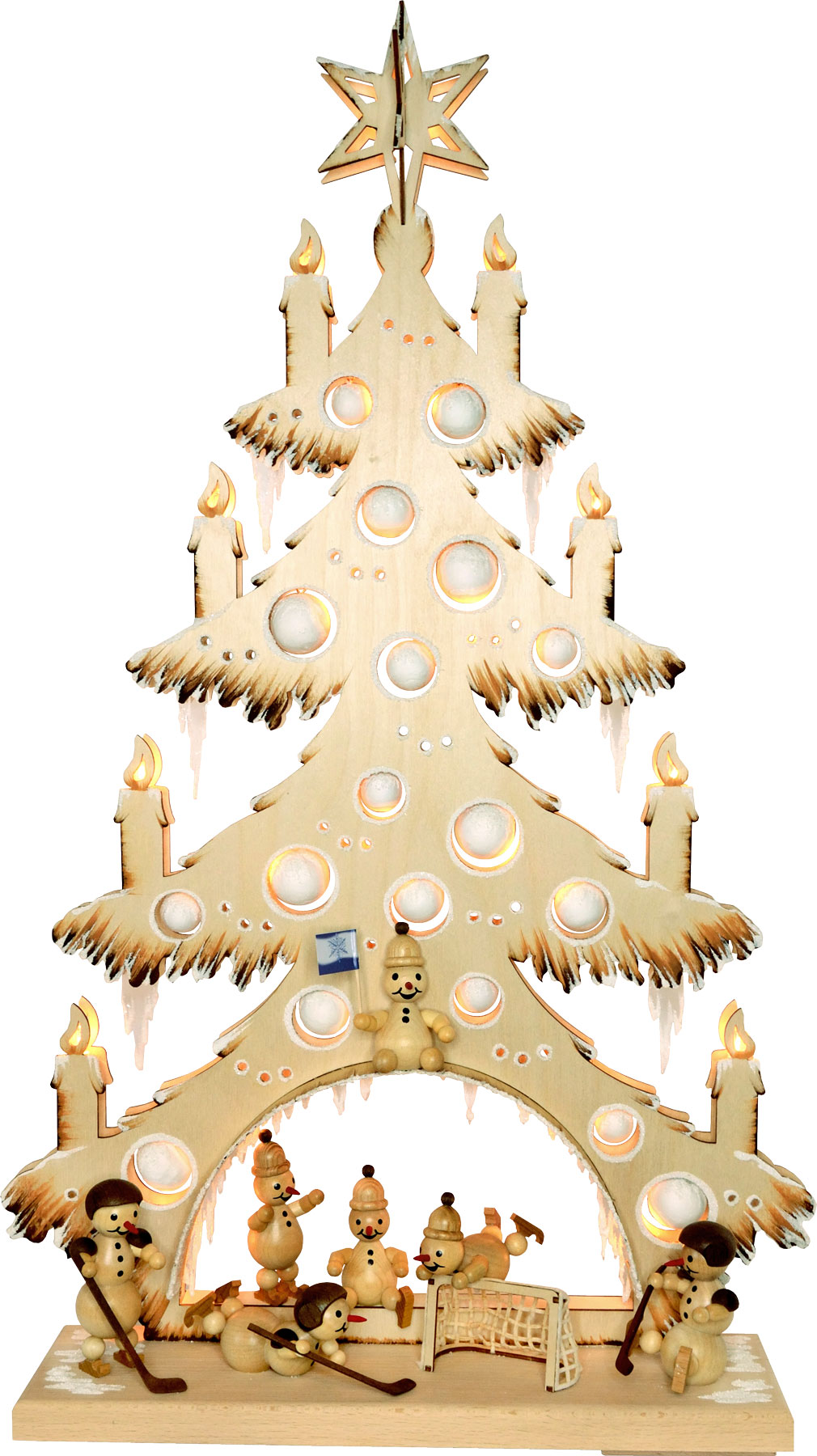 Tanne groß, Schneemannhockey, handbemalt braun, Raureif Tanne groß, Schneemannhockey, handbemalt braun, Raureif