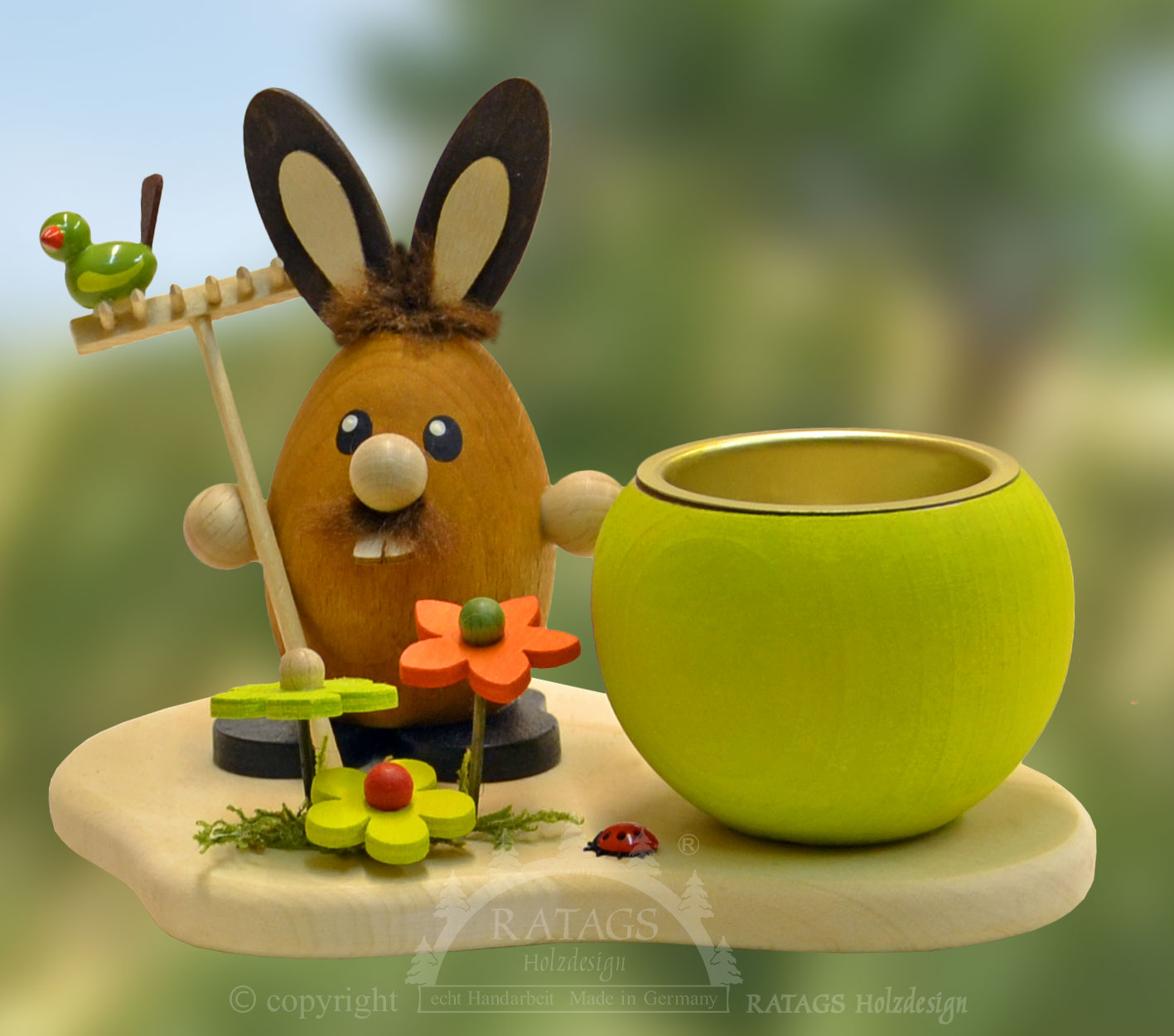 Teelichthalter, Hase mit Rechen Teelichthalter, Hase mit Rechen
