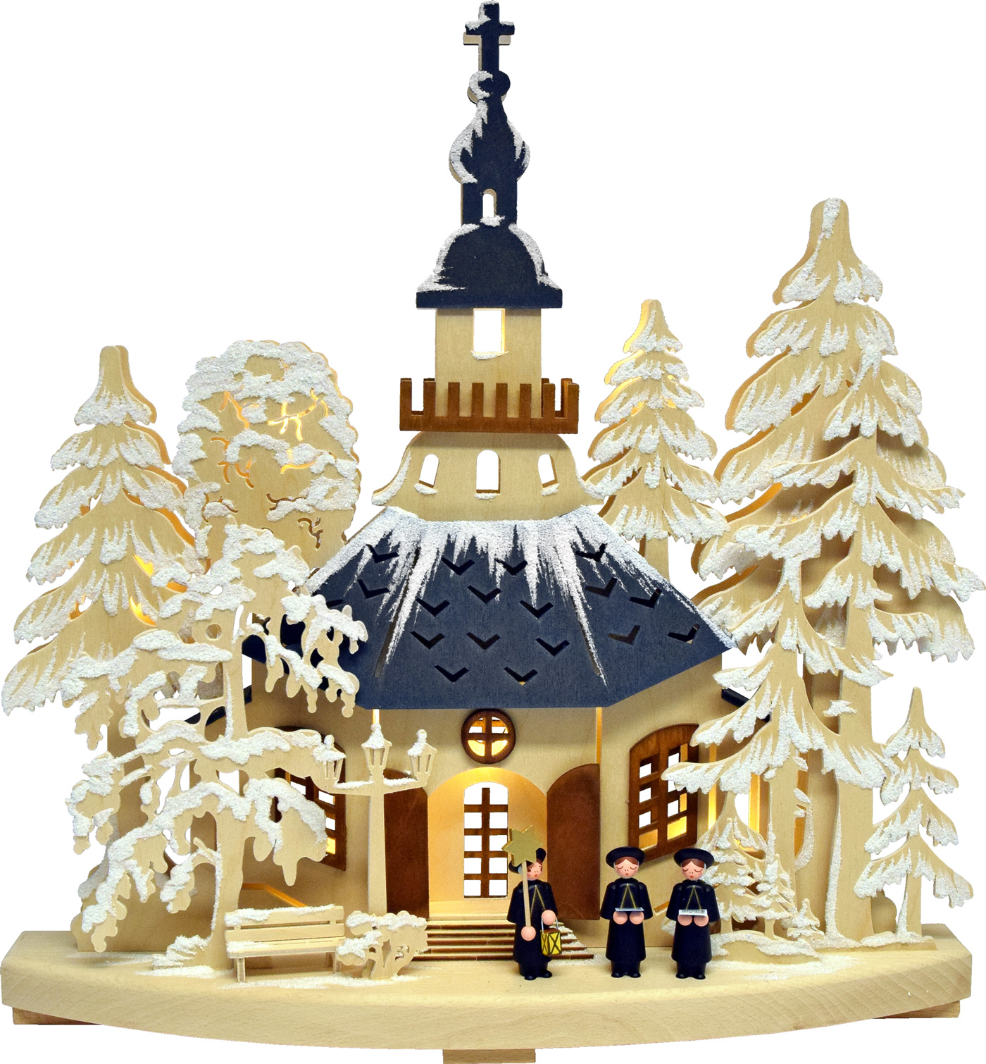 Schwibbogen klein, Kirchgang in Seiffen, farbige Dächer, Raureif Schwibbogen klein, Kirchgang in Seiffen, farbige Dächer, Raureif