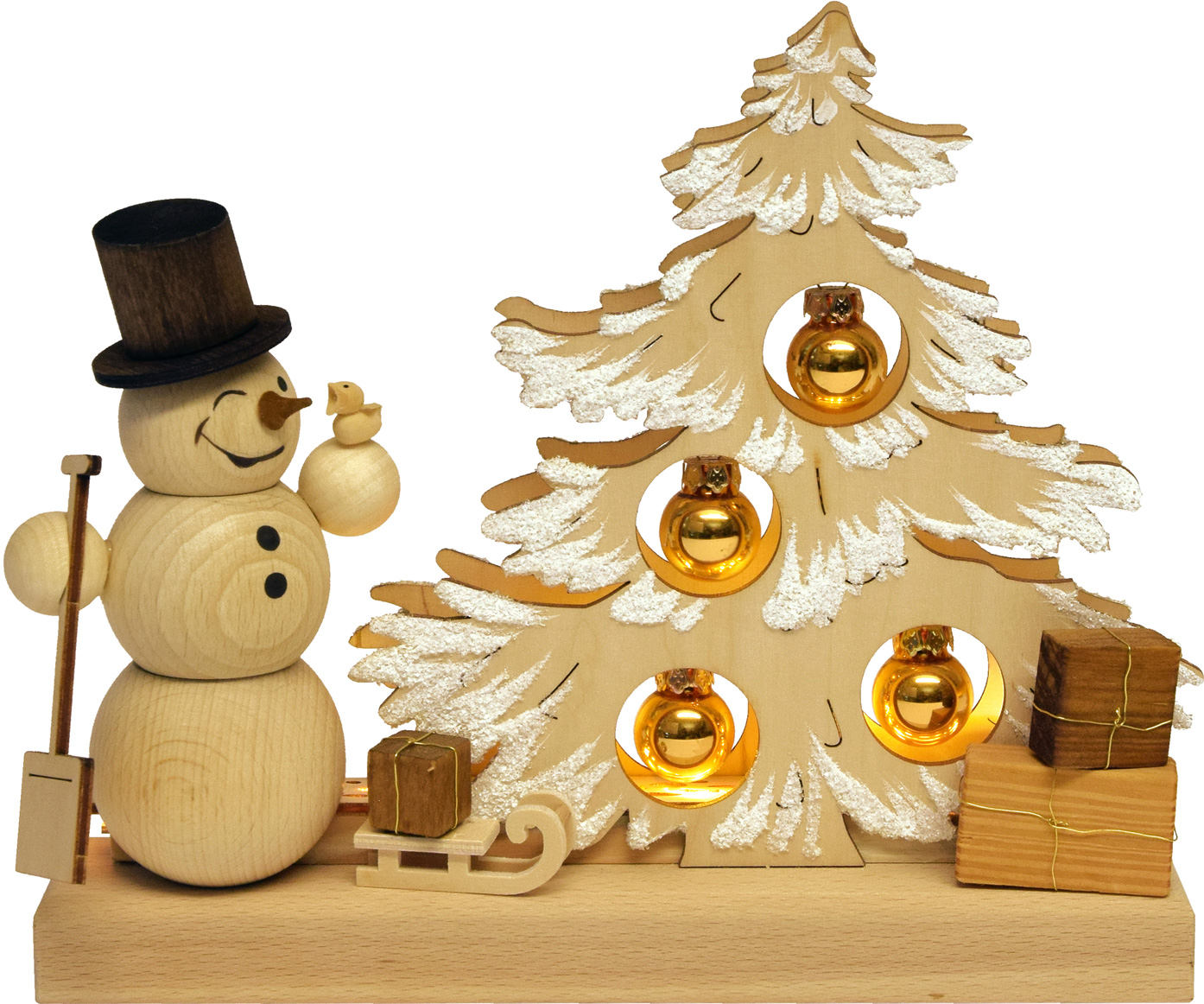 Tischschmuck Tannenbaum, Kugeln gold Raureif, Schneemann