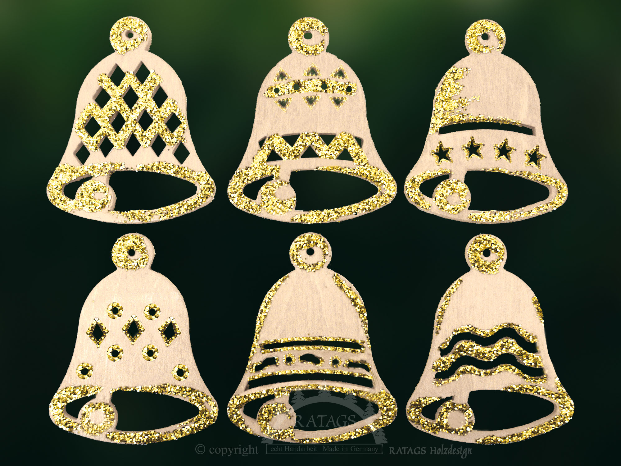 Baumbehang, 6er Set, Glocken, natur-gold Baumbehang, 6er Set, Glocken, natur-gold