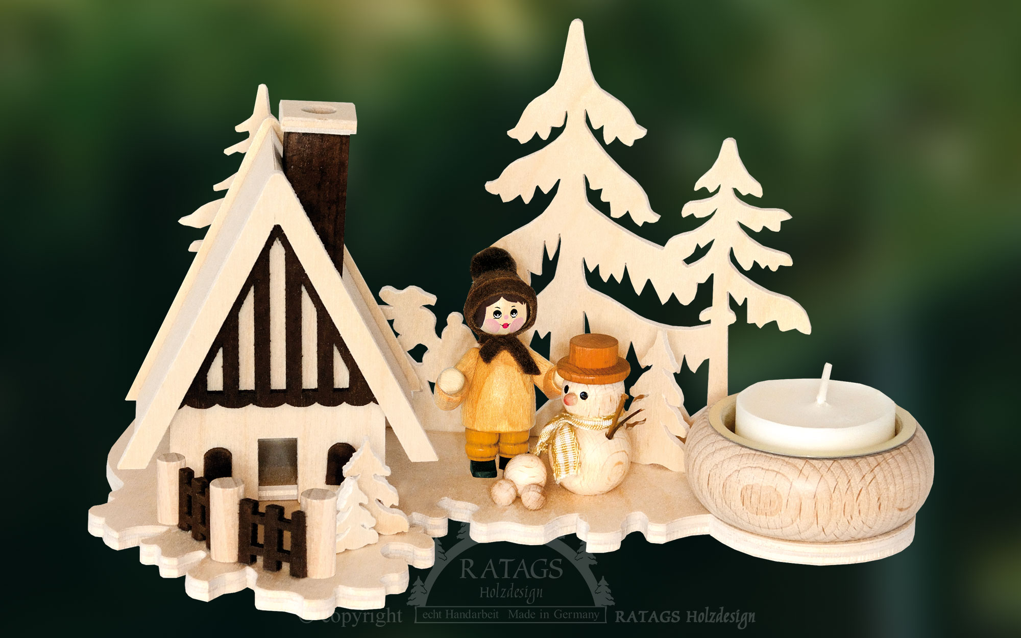 Teelichthalter mit Räucherhaus, Winterkind, Schneemann