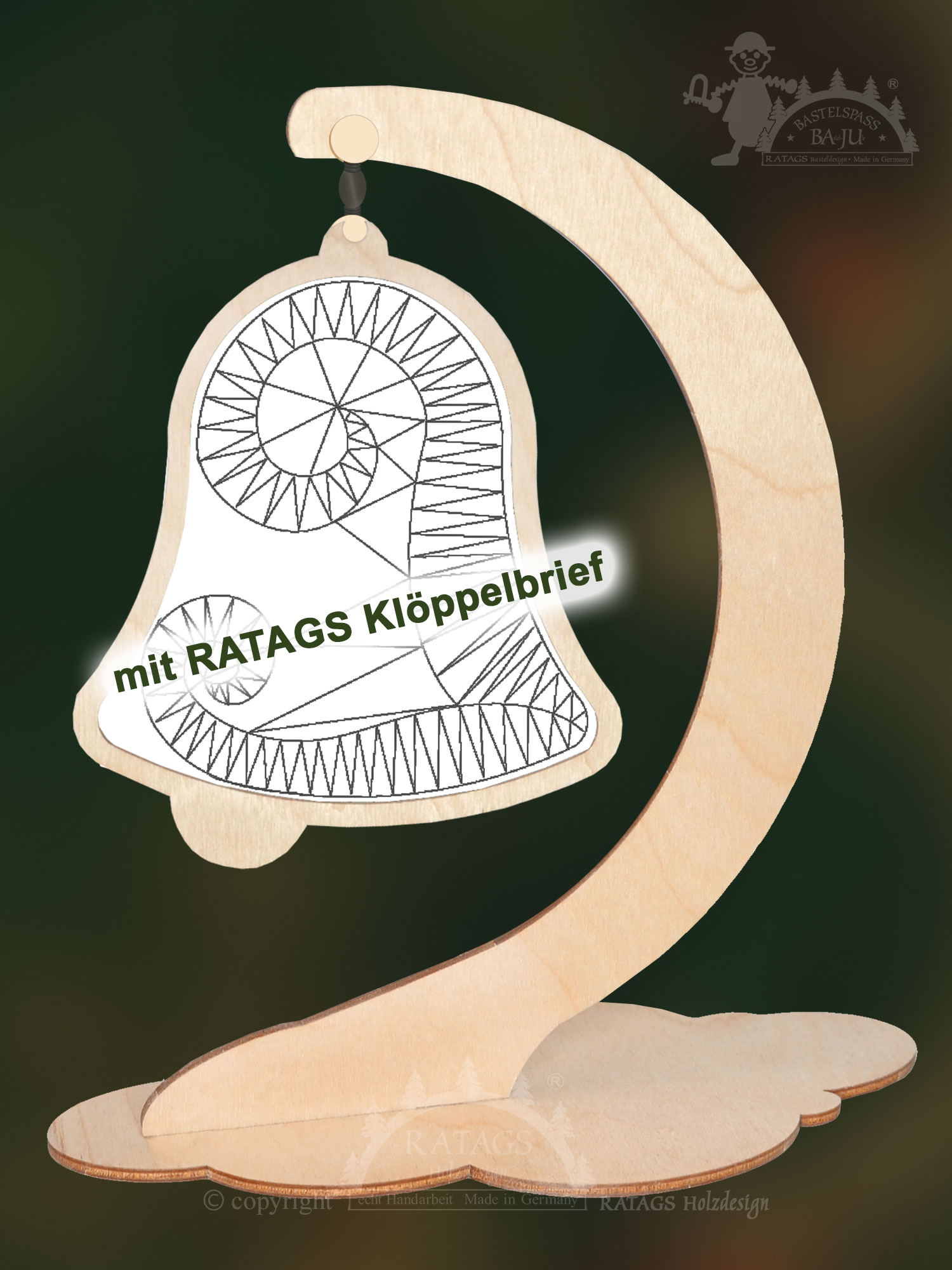 Klöppelrahmen, Glocke mit RATAGS Klöppelbrief Klöppelrahmen, Glocke mit RATAGS Klöppelbrief