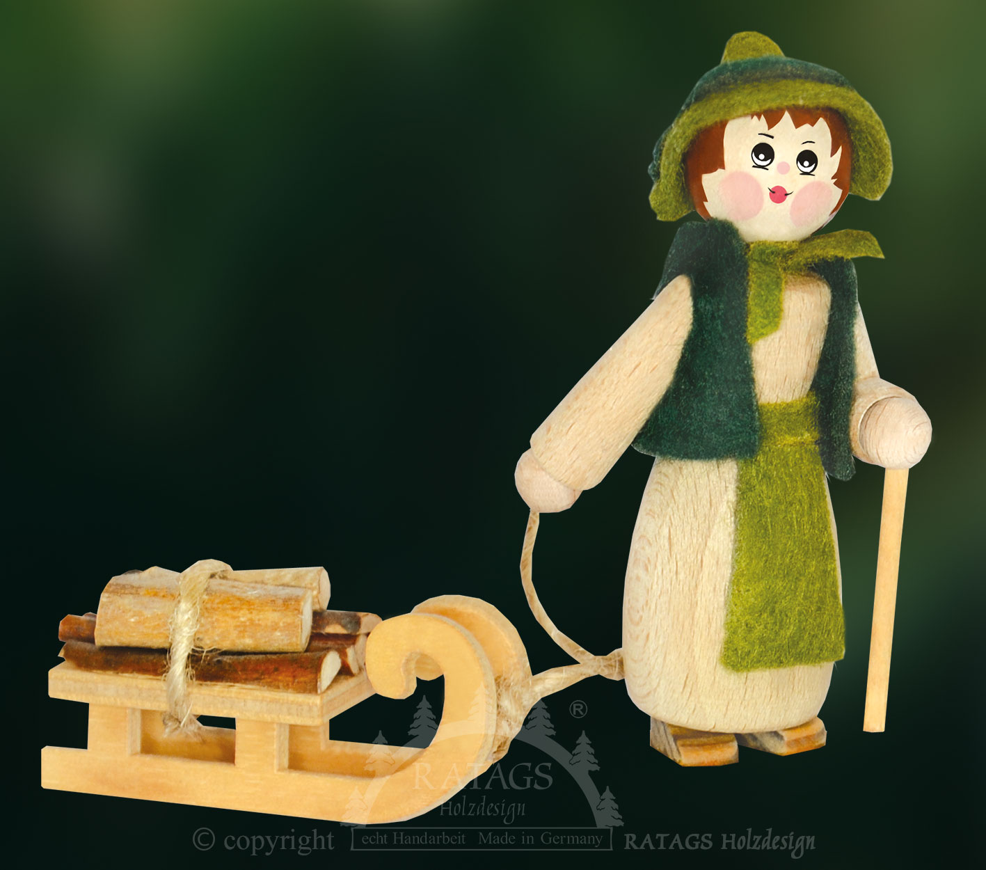 Figur, Holzsammlerin mit Schlitten, Stock, Hut Figur, Holzsammlerin mit Schlitten, Stock, Hut