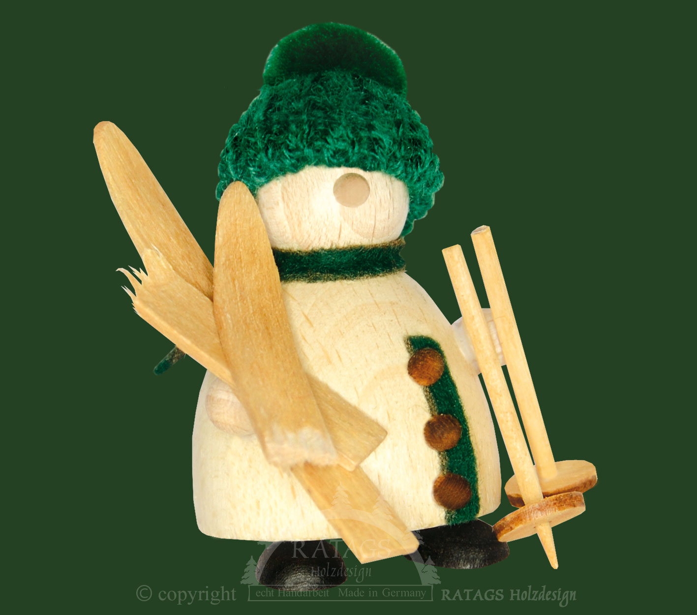 Snow-Molli, Junge Linie, mit Skiern auf grüne Strickmütze Snow-Molli, Junge Linie, mit Skiern auf grüne Strickmütze