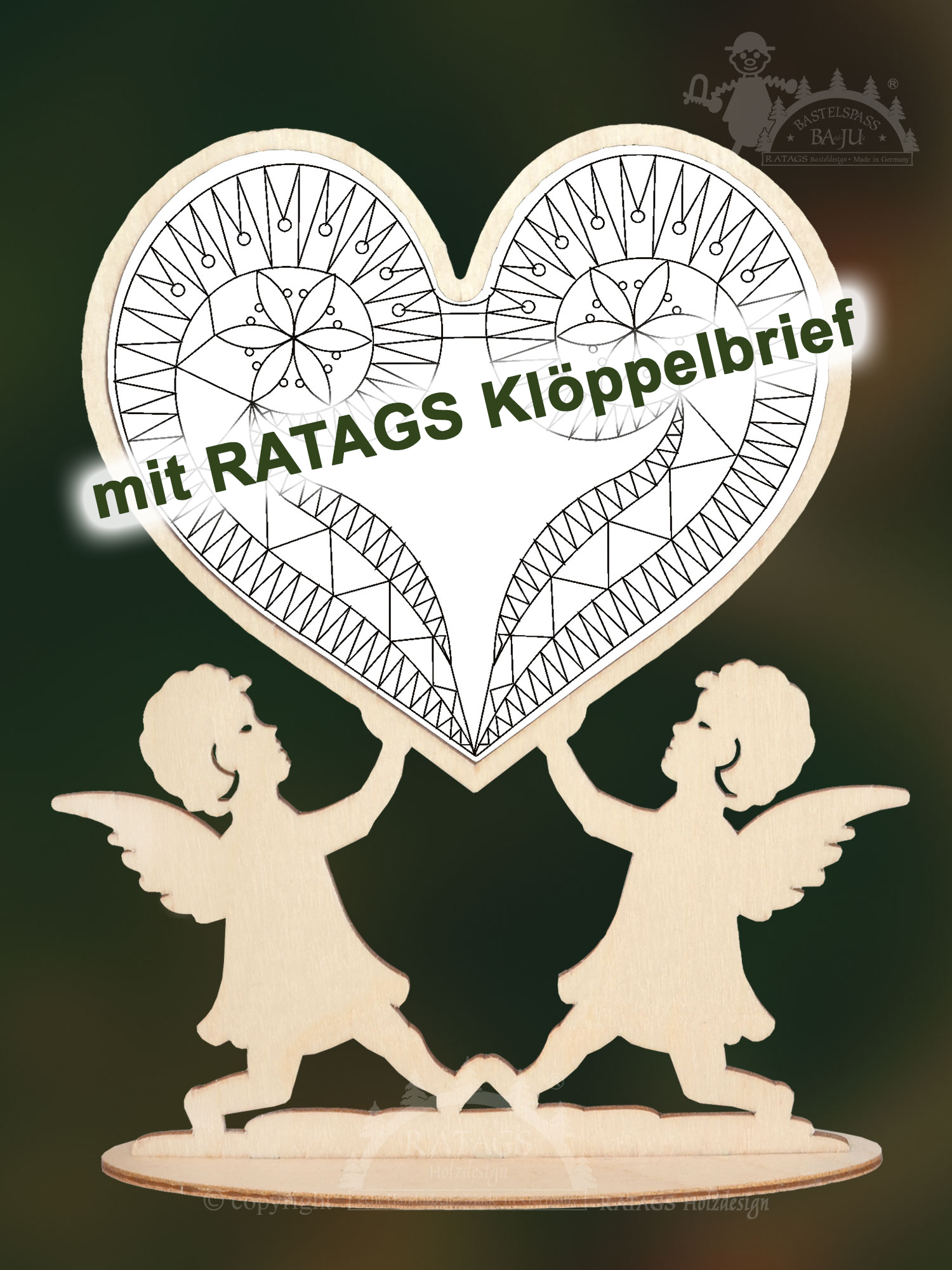 Klöppelrahmen, Engelherz mit RATAGS Klöppelbrief Klöppelrahmen, Engelherz mit RATAGS Klöppelbrief