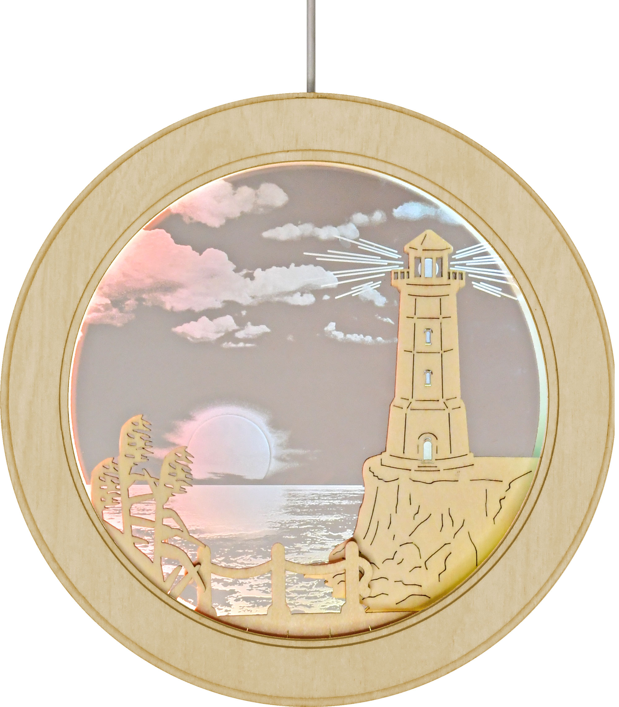 Fensterbild Küste mit Leuchtturm, Plexi LED-Stripe, 3-farbig Fensterbild Küste mit Leuchtturm, Plexi LED-Stripe, 3-farbig